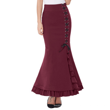 Belle Poque Womens High Stretchy Nylon-Cotton Vintage Retro Ruffled Fishtail Mermaid Victorian Style Wine Long Skirt BP000203-3